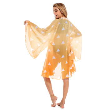 Demon Slayer Guardianes de la Noche Agatsuma Zenitsu Traje de baño de dos piezas con cuello en V con kimono transparente